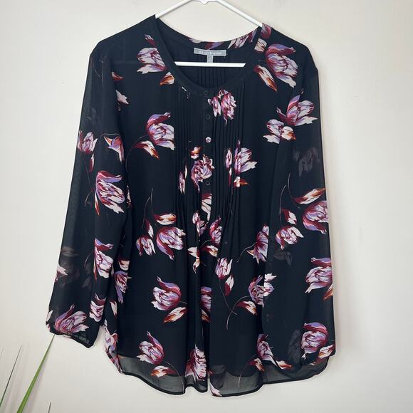 Daniel Rainn Plus-Size 2X Floral Mixed Media Blouse Pleated Sheer Sleeves Button - Picture 1 of 9